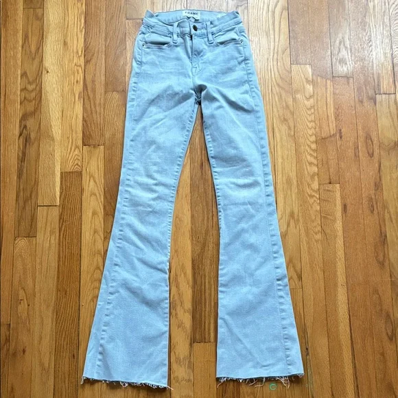 Frame Le High Flare Jeans 25 Light Wash Stretch Raw Hem Boho High Rise - Picture 1 of 14